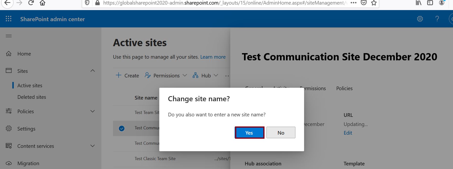 Change site URL in SharePoint online, change site name - Do you also want to enter a new site name?