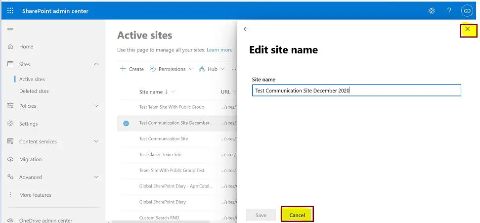 Change site URL in SharePoint online, edit Site Name confirmation message closed