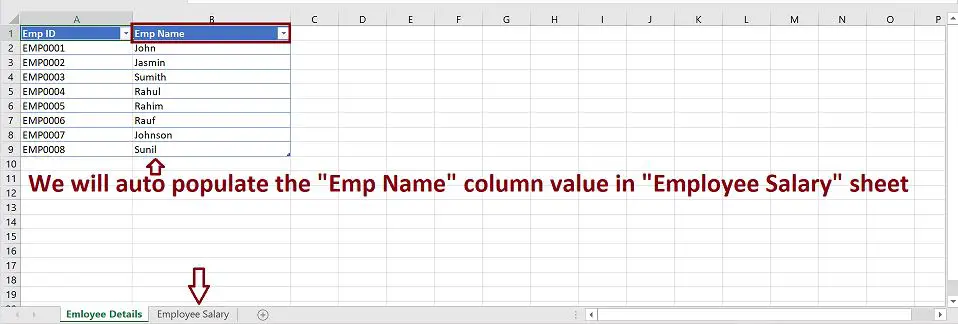 VLOOKUP in Excel, get value from one excel sheet to another sheet automatically - Employee Details Table