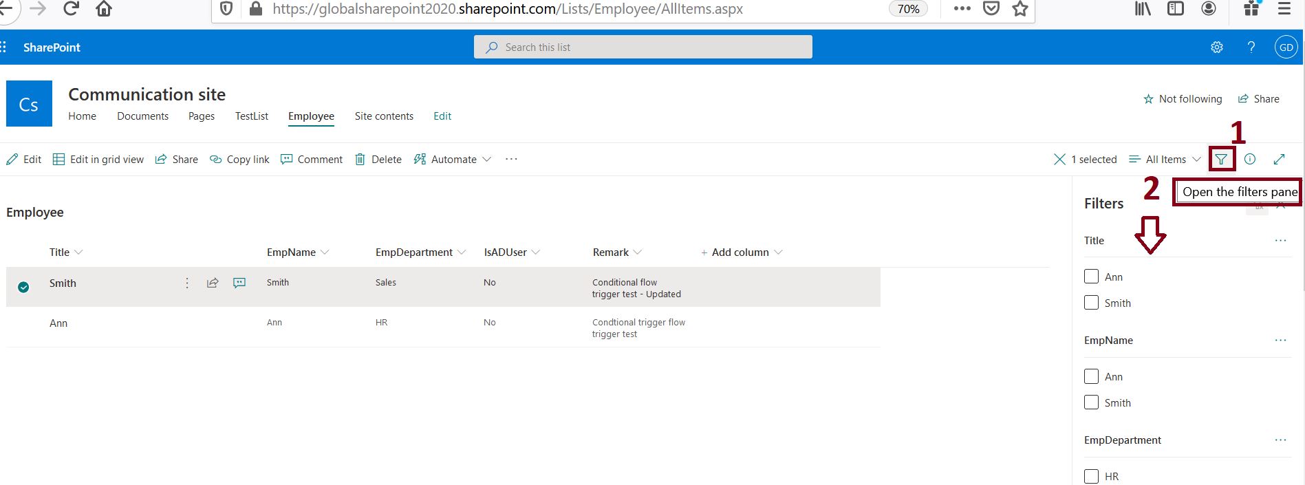Open filters pane in modern SharePoint Online list, version history in SharePoint Online