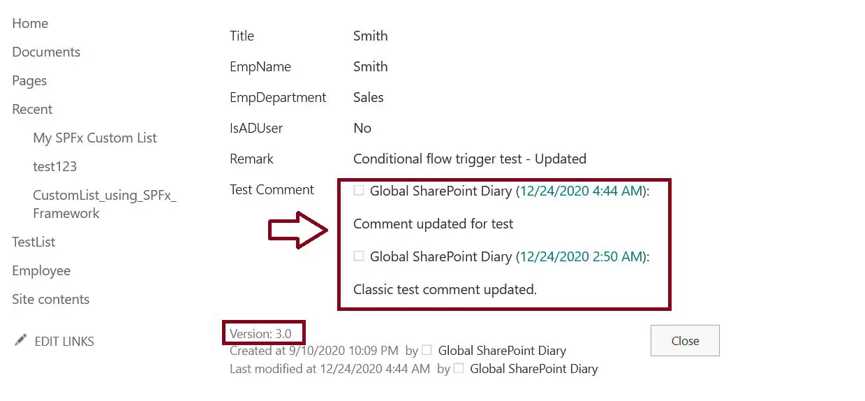 Version history in SharePoint Online, verify the comment version history from SharePoint list item Modification