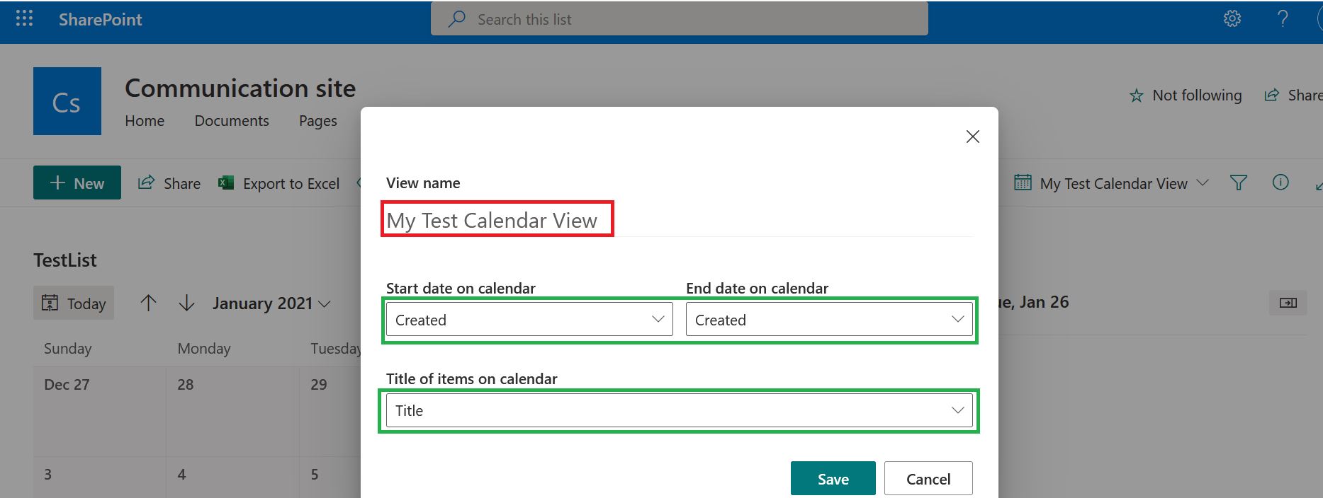 Calendar view configuration in modern SharePoint Online list