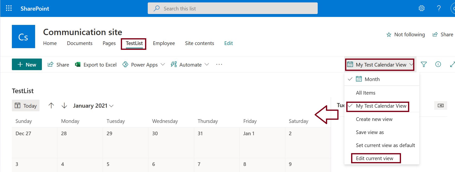 Calendar view creation modern SharePoint online list