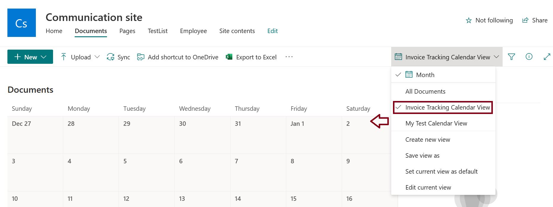 Calendar view is created in modern SharePoint Online document library