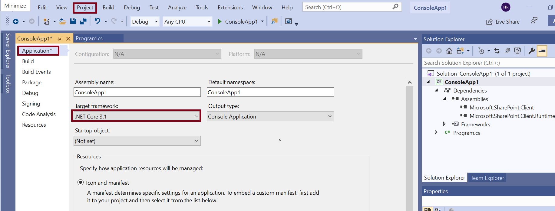 Authentication in SharePoint online - Change project target framework from C# console application