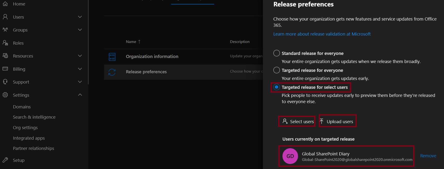 Release Preferences settings for targeted release for select users in Microsoft 365