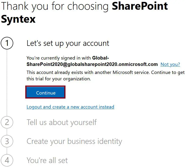 Microsoft SharePoint Syntex - Thank you for choosing SharePoint Syntex - Let's set up your account