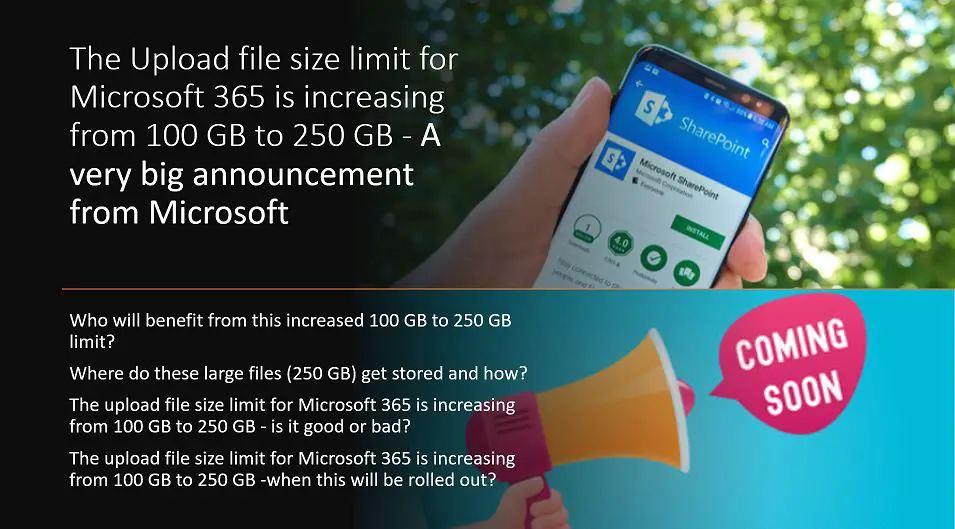 SharePoint Storage Limit - the Upload file size limit for Microsoft 365 is increasing from 100 GB to 250 GB