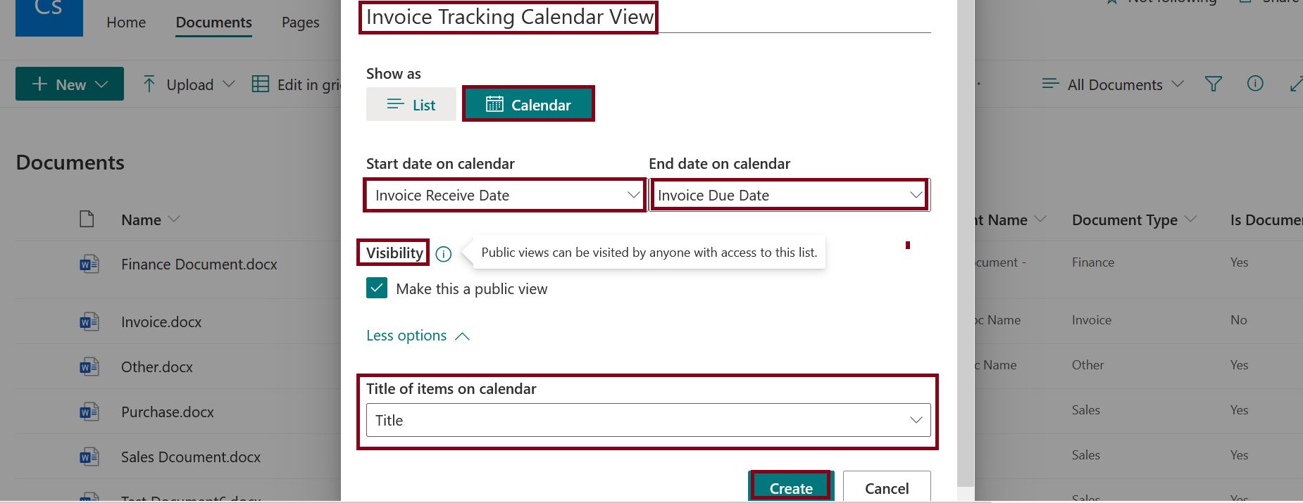 Visibility settings in calendar view creation - modern SharePoint Online list-library