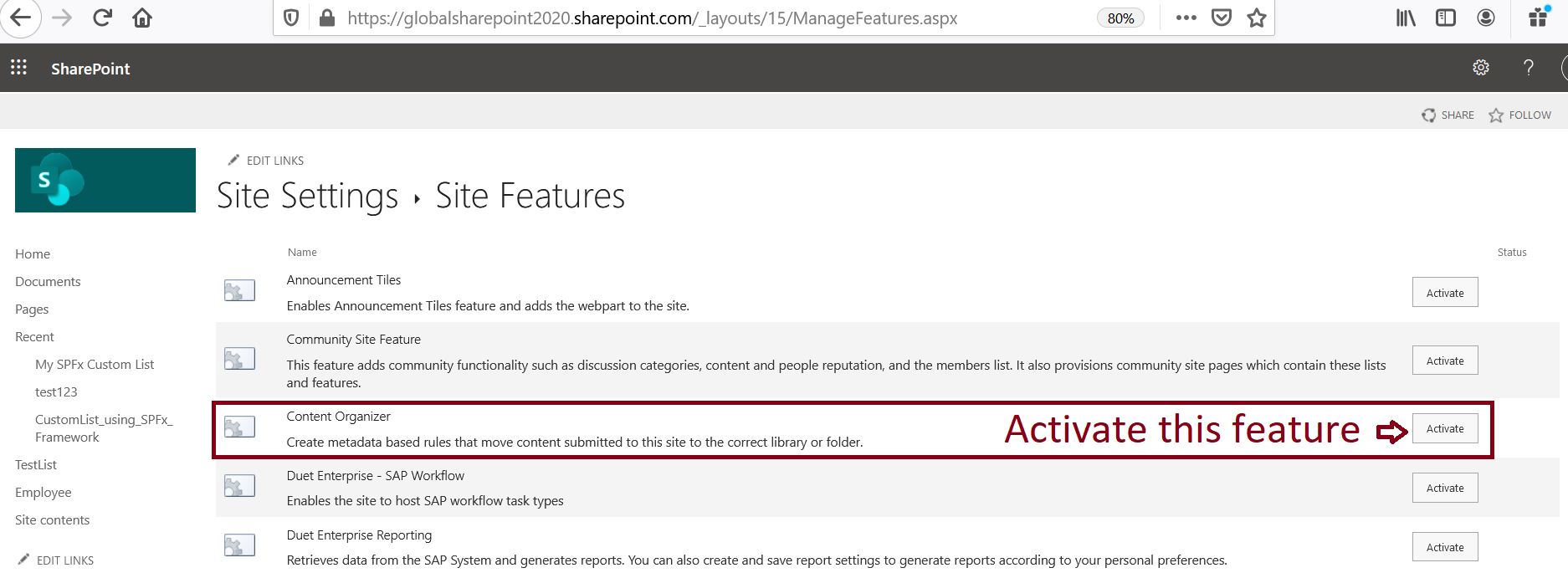 Activate content organizer site level feature in SharePoint Online