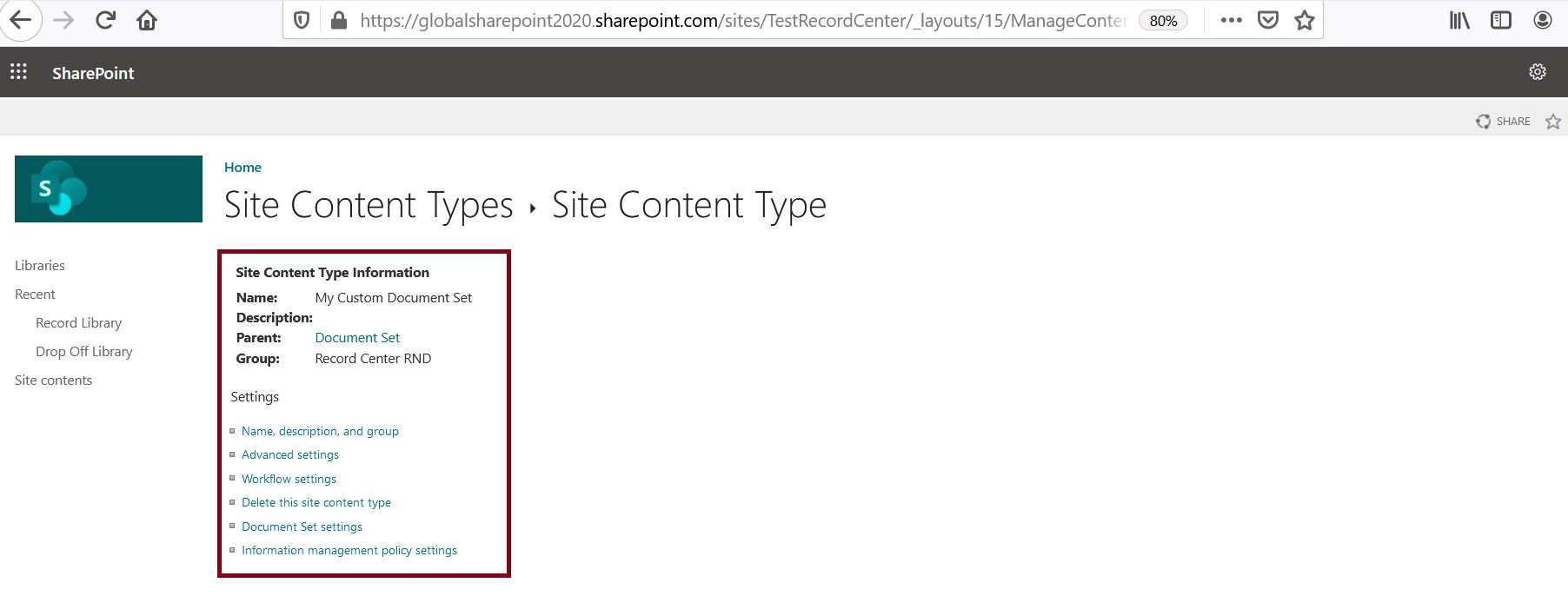 Create same document set content type in target record center site