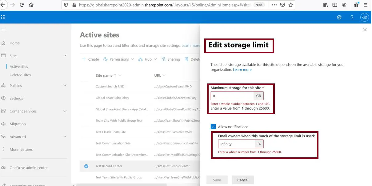 Edit storage limit in SharePoint Online site