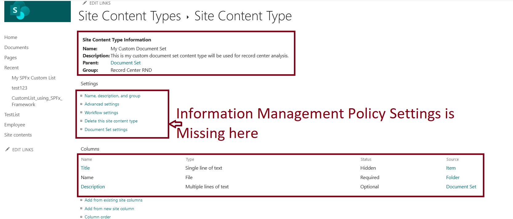 Information management policy settings is missing in SharePoint Online Content Type