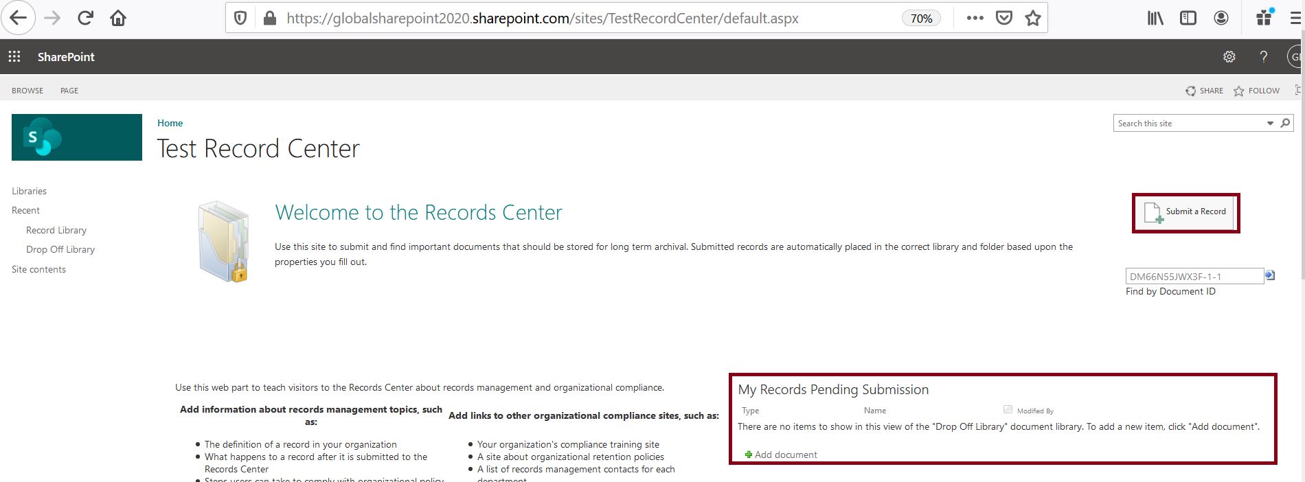 Microsoft 365 Records management - Record center site collection in SharePoint site