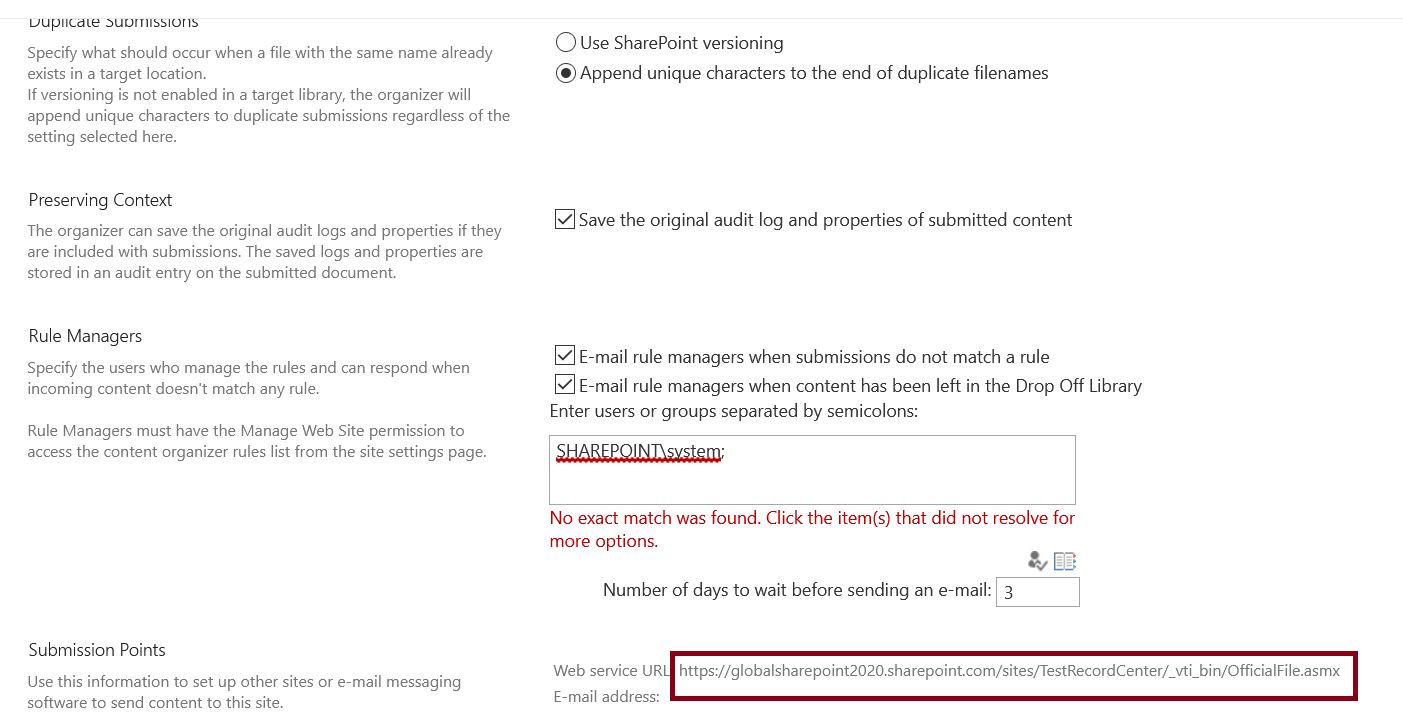 Submission points web service URL in SharePoint Online record center site