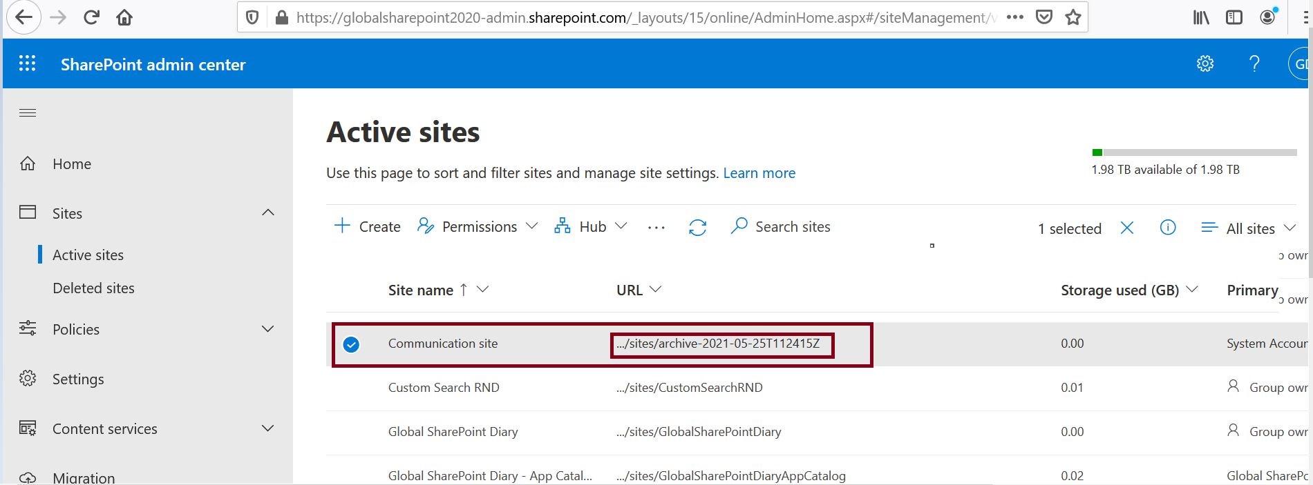 Old root site has been archived after replacing it in SharePoint Online admin center