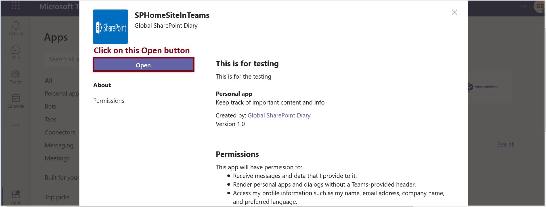 Open custom app from Microsoft Teams Admin Center