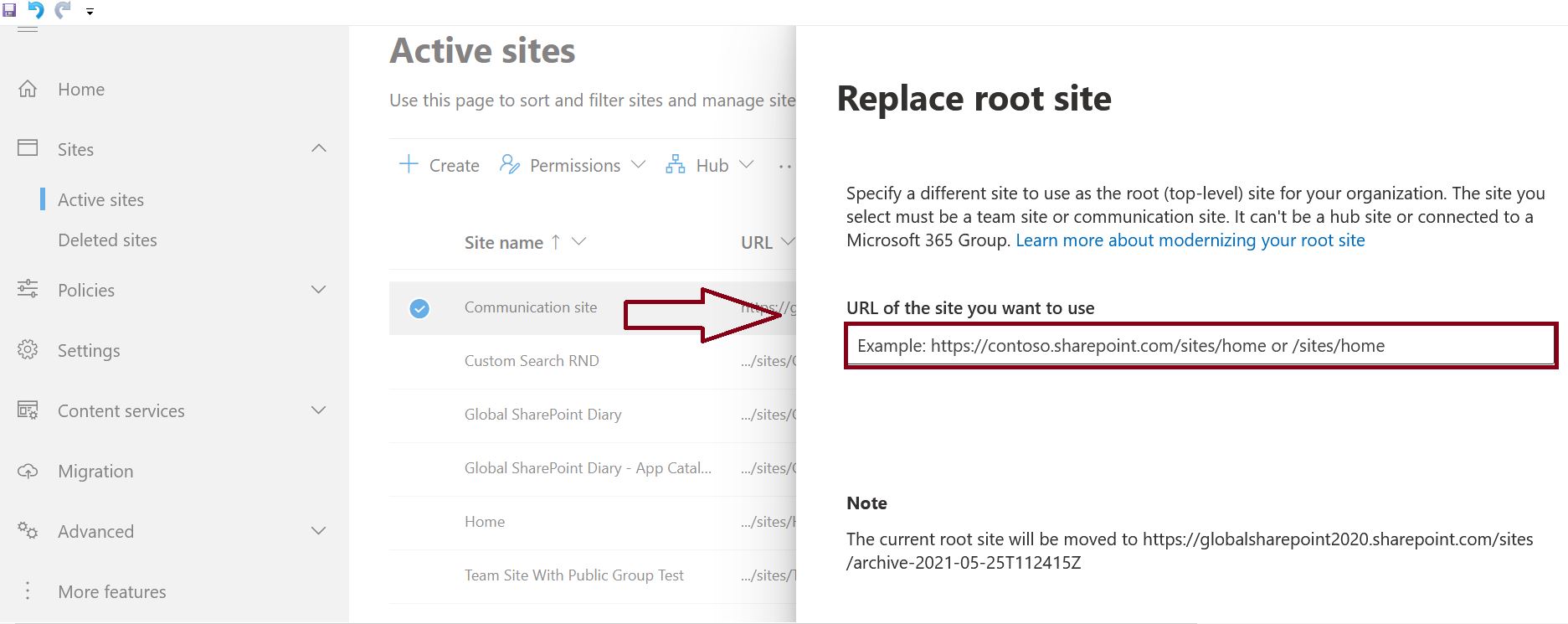 Replace site in SharePoint admin center process