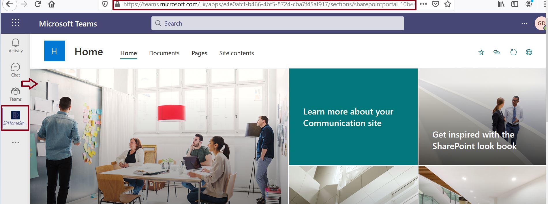 SharePoint Online home site added as an app in Microsoft Teams