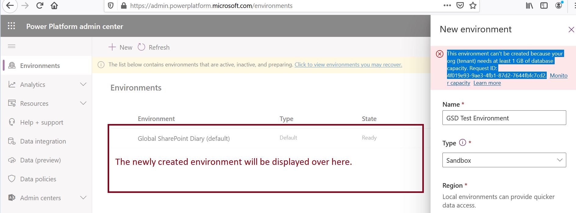 The location of newly created environment in Power Platform admin center