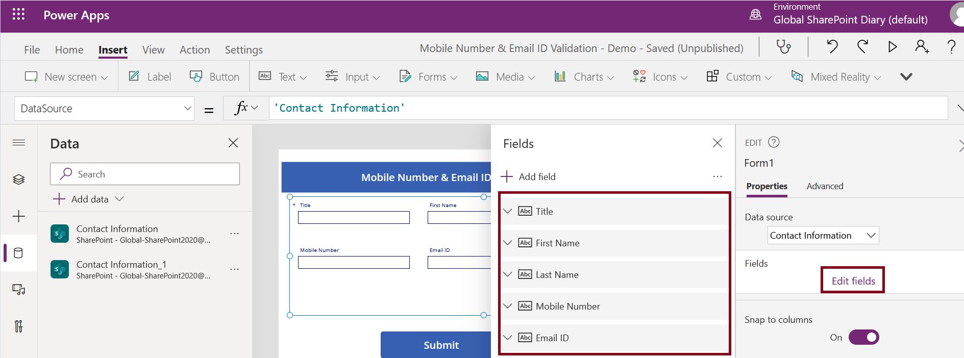 Add or remove fields in SharePoint data source from PowerApps