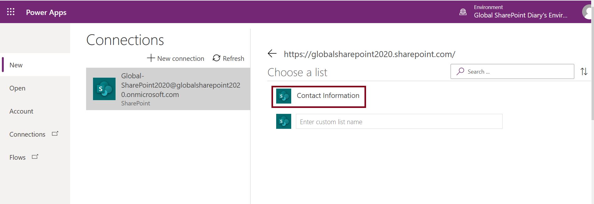 Choose a list from SharePoint Connection in Power Apps model-driven app