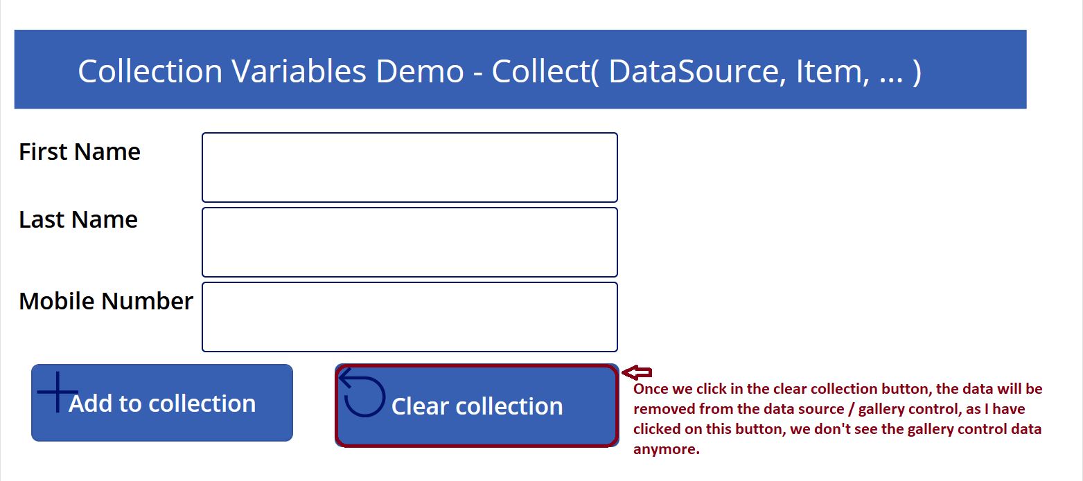 Clear collection variable data in PowerApps demo
