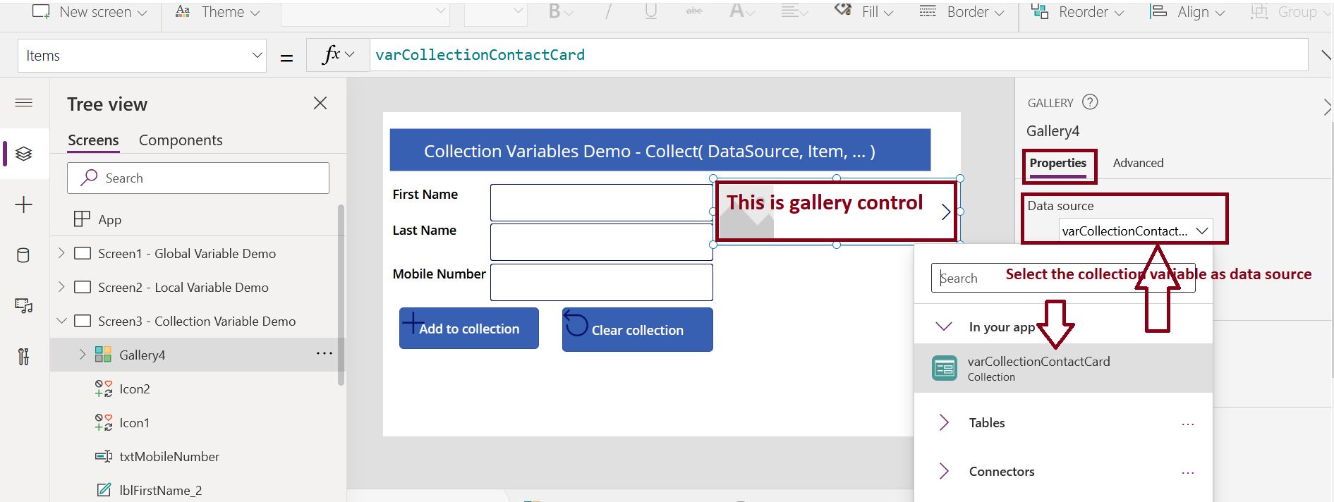 Configure data source in PowerApps gallery control