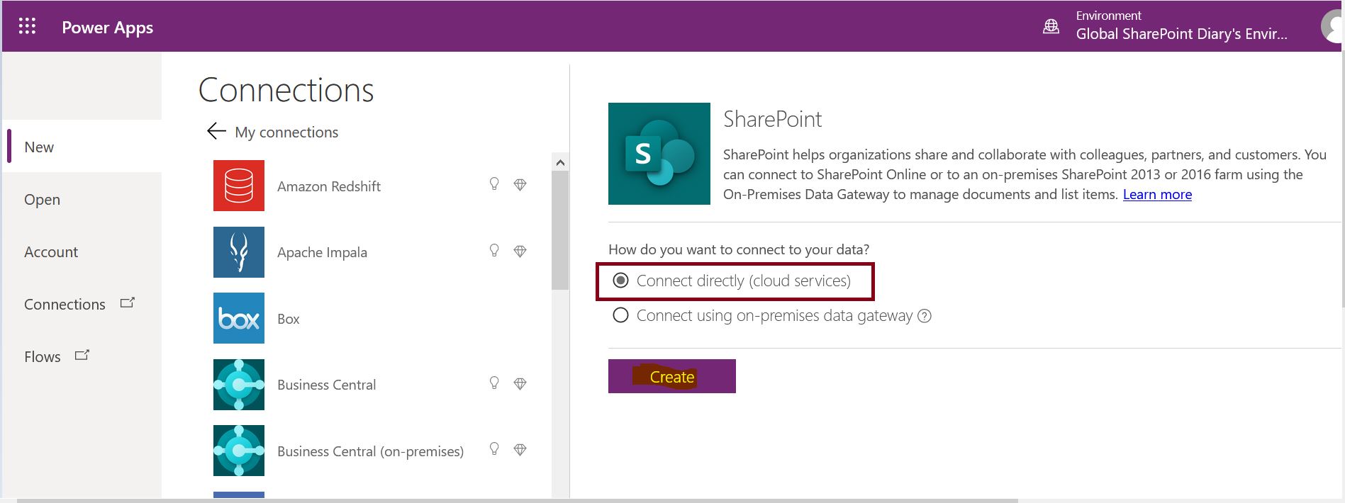 Create SharePoint data connection - Connect directly (cloud services)