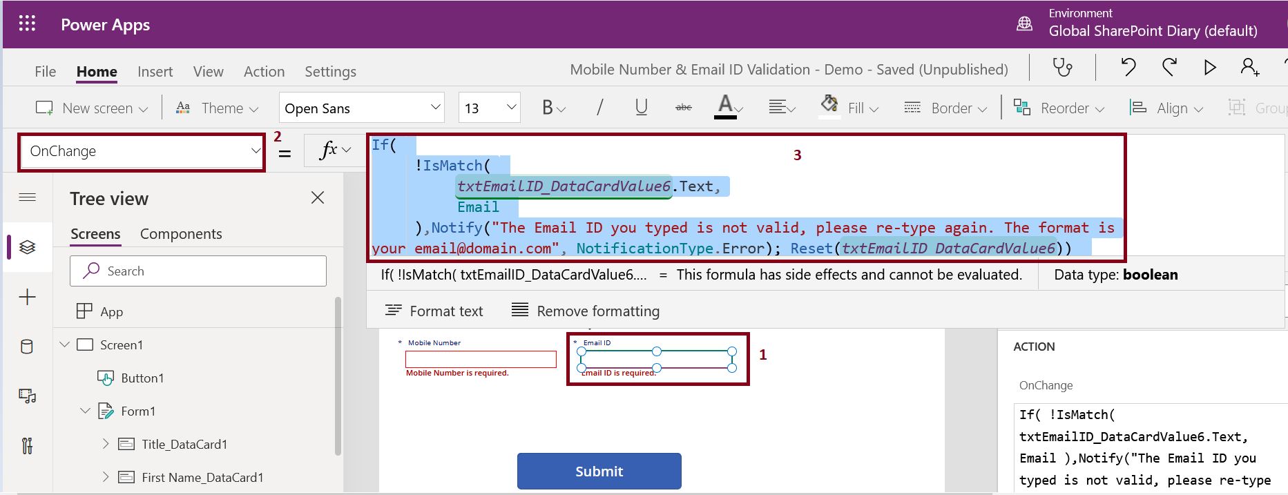 Email ID validation formula in PowerApps