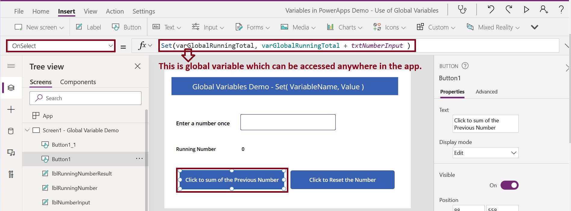 Global variables in PowerApps using Set Function