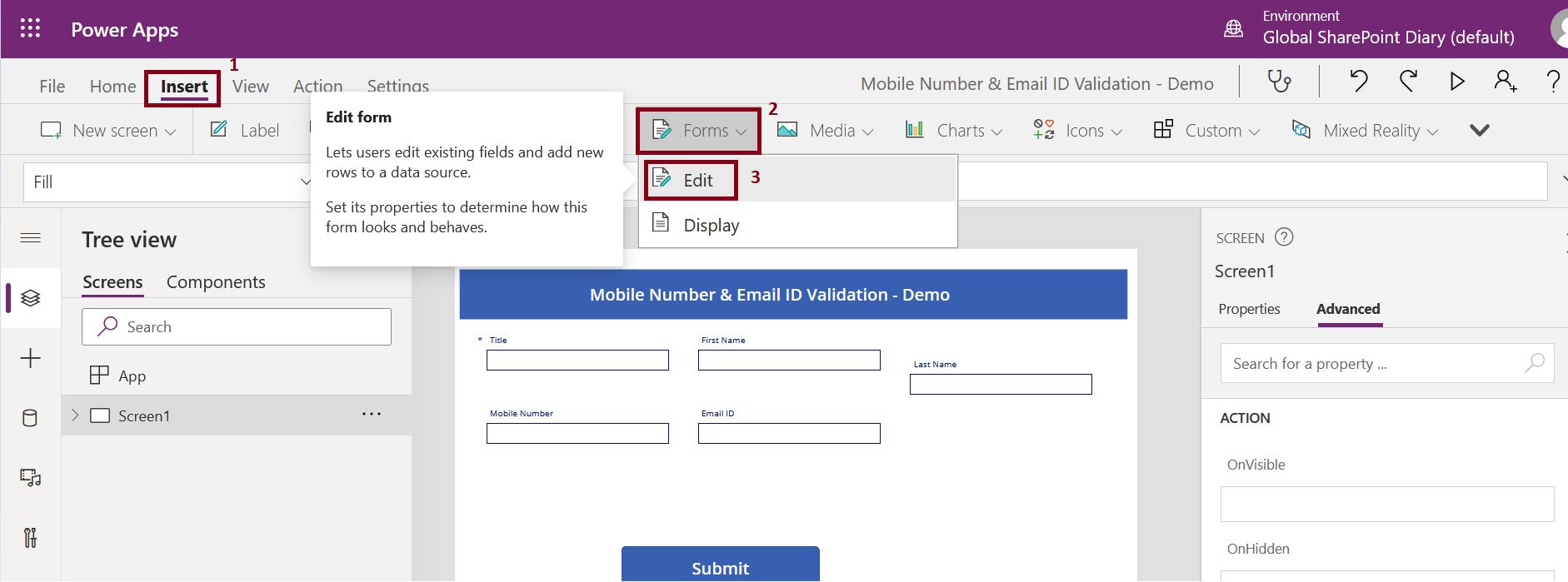 How to add form control in PowerApps Canvas App?