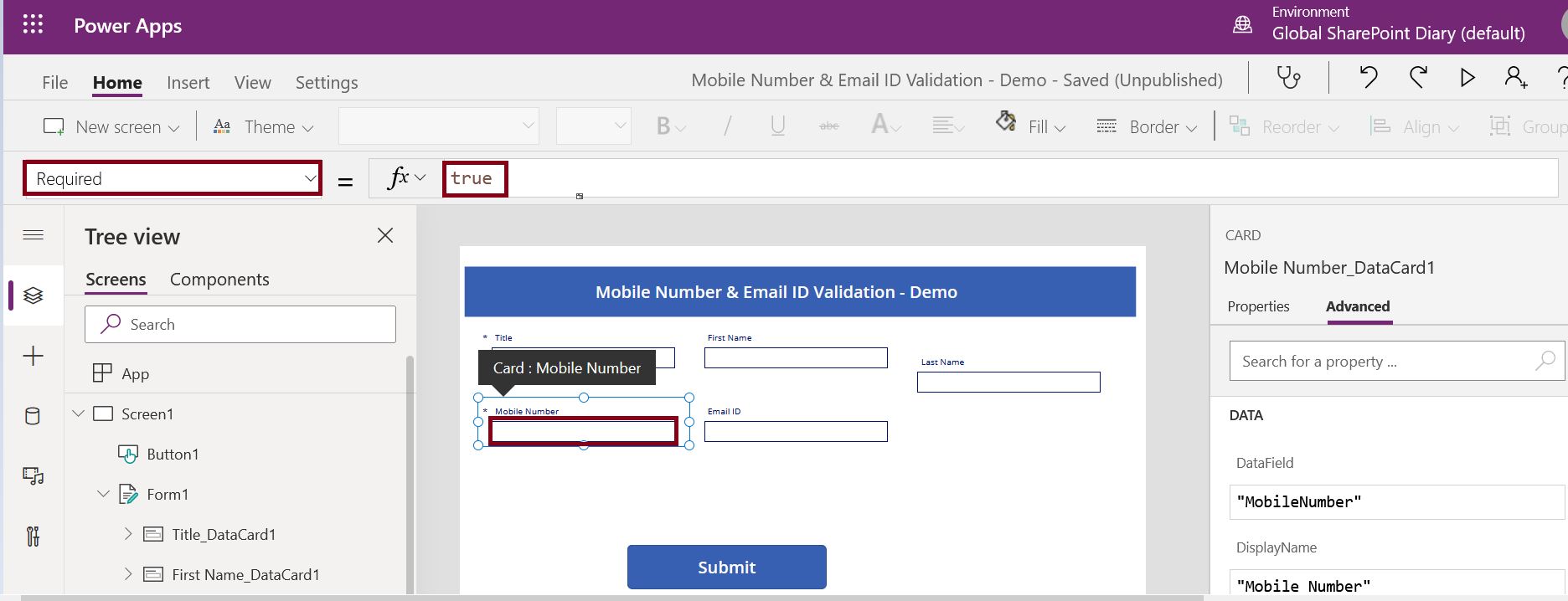 How to make PowerApps field property as required?