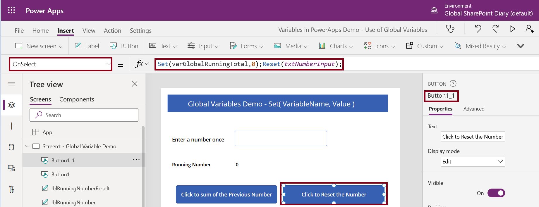 How to reset controls in PowerApps
