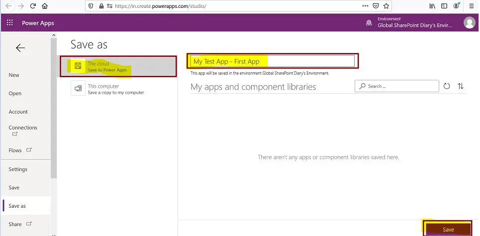 How to save canvas app in cloud in Power Apps