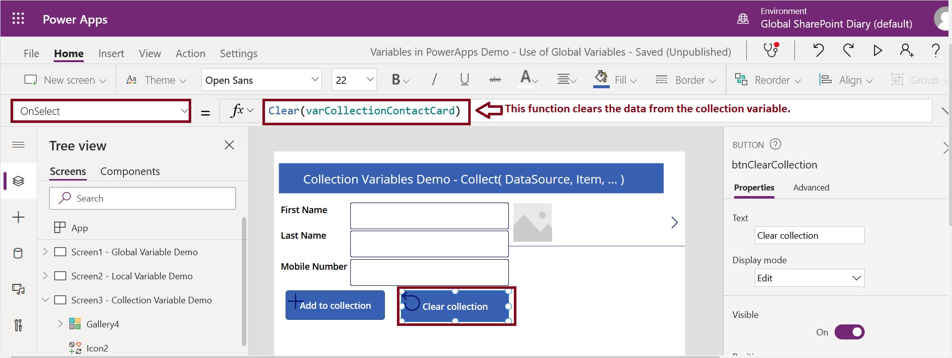 How to use clear function in PowerApps Canvas app?