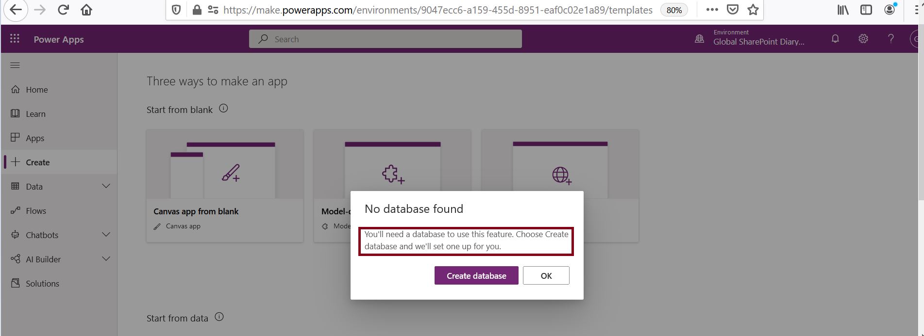 No database found - create database in PowerApps