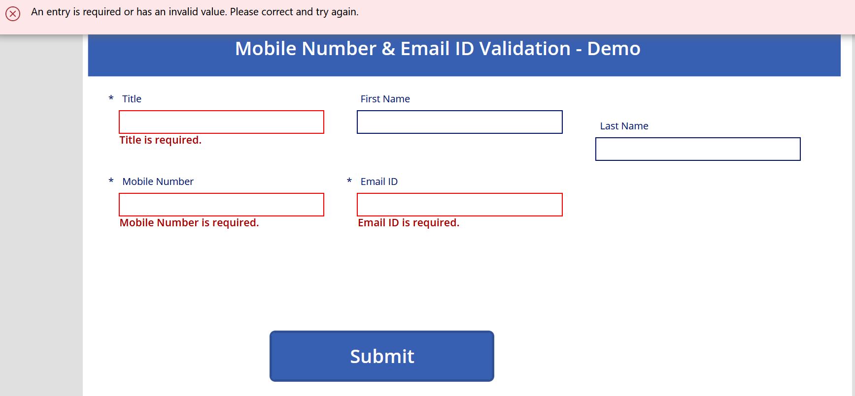 Required field validation test in PowerApps canvas app