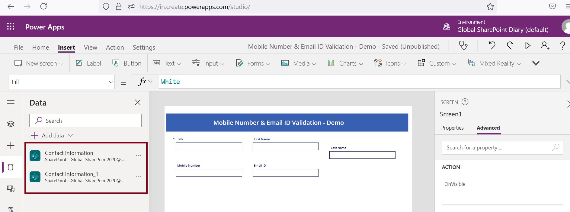 SharePoint data connection is added to PowerApps left sidebar menu