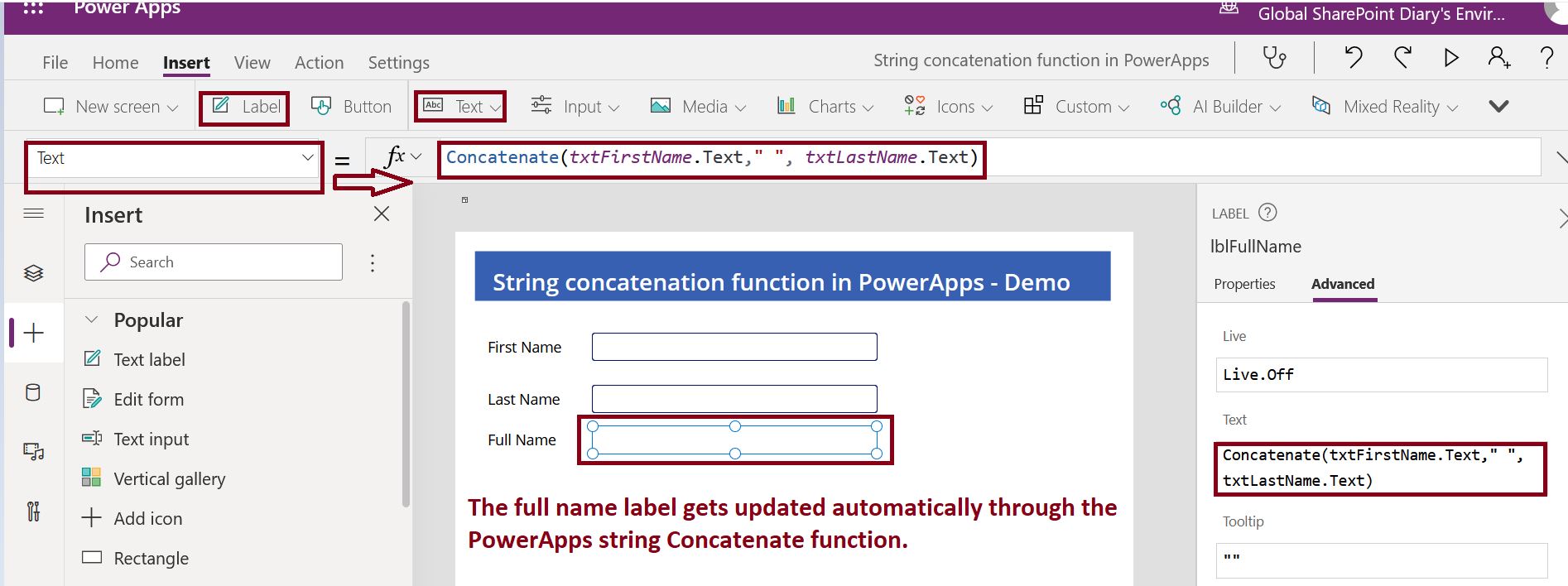String concatenation function in PowerApps - First Name, Last Name and Full Name