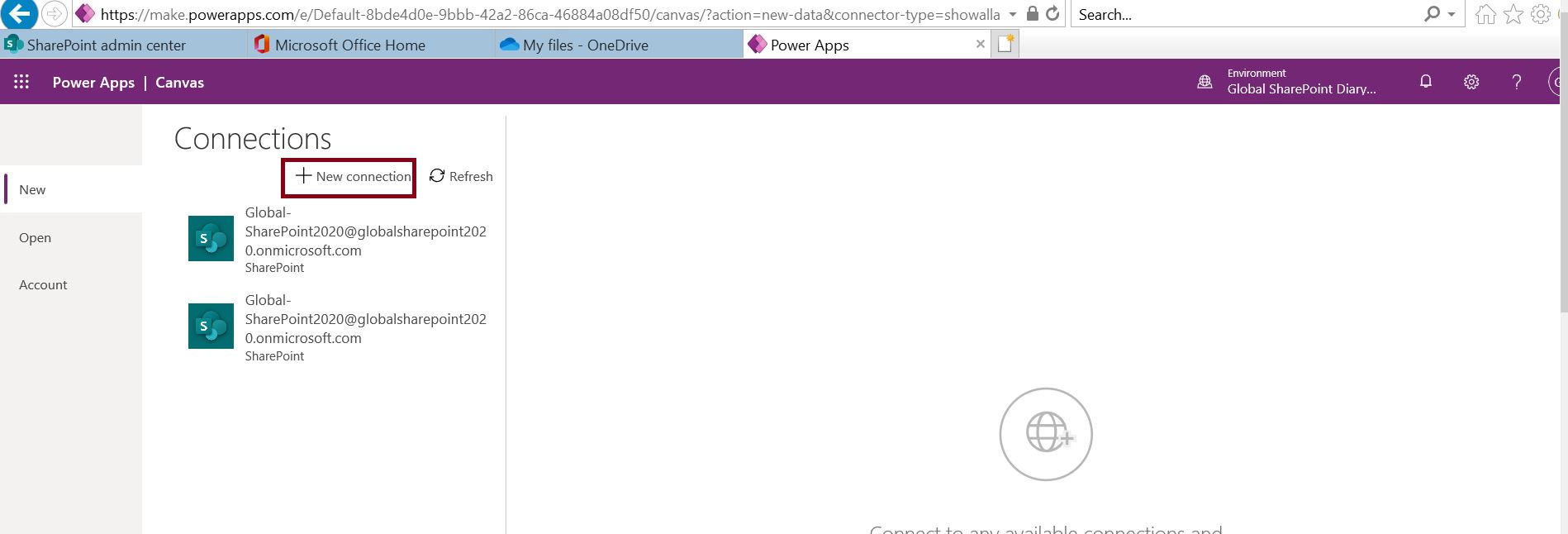 Add new connection in PowerApps portal