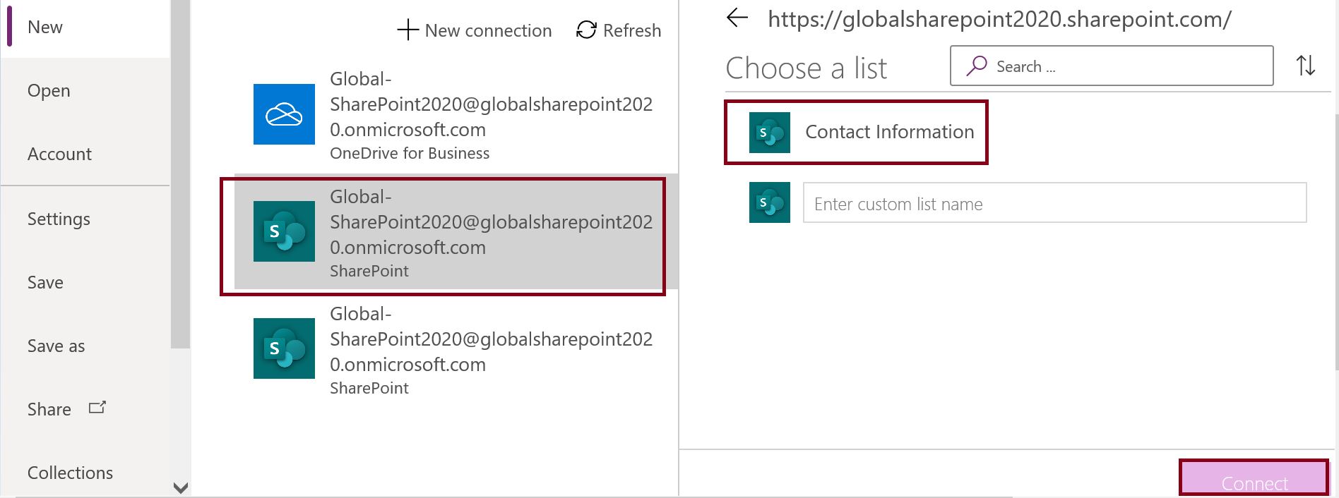 Choose a SharePoint list from PowerApps connection