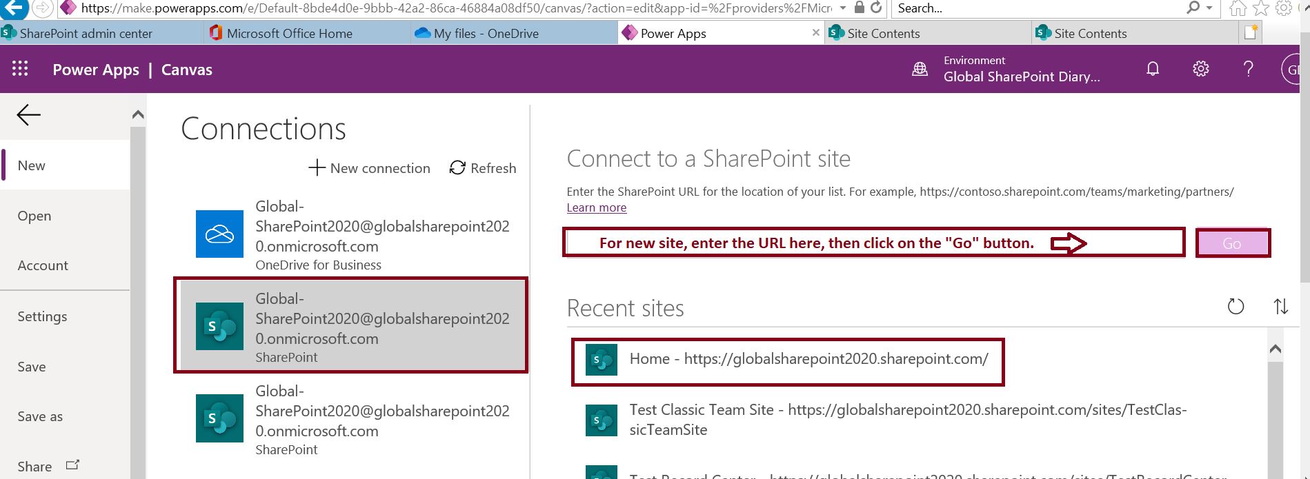 Connect to a SharePoint sites from PowerApps connection