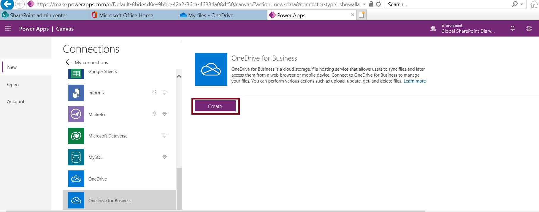 Create OneDrive for business connection in PowerApps
