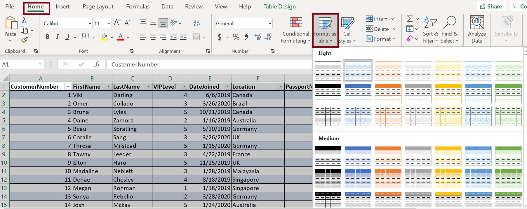 Excel data format as table
