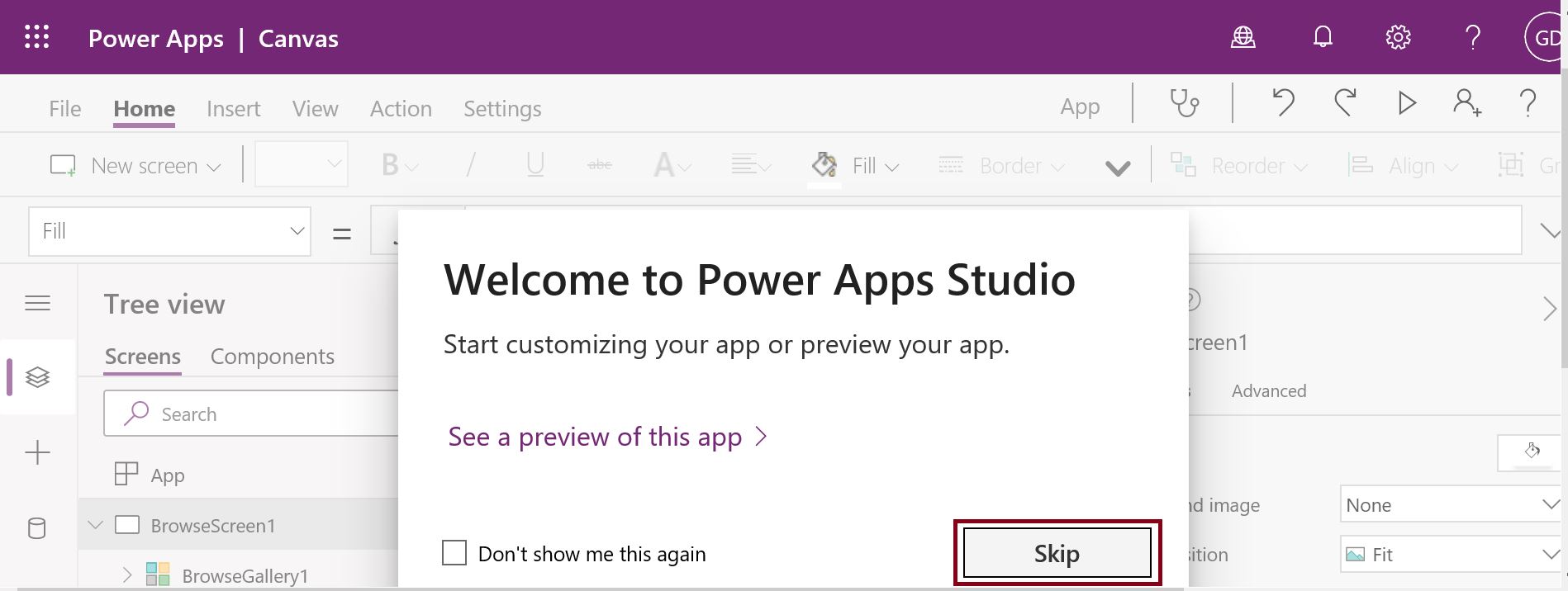 Welcome to PowerApps Studio Skip button