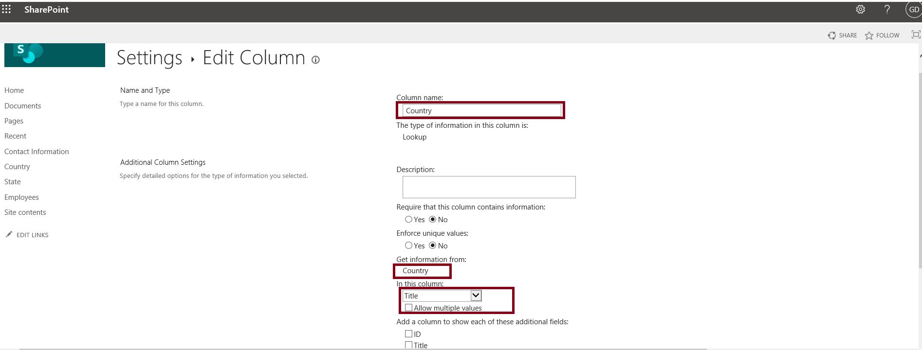 Country lookup column structure in SharePoint