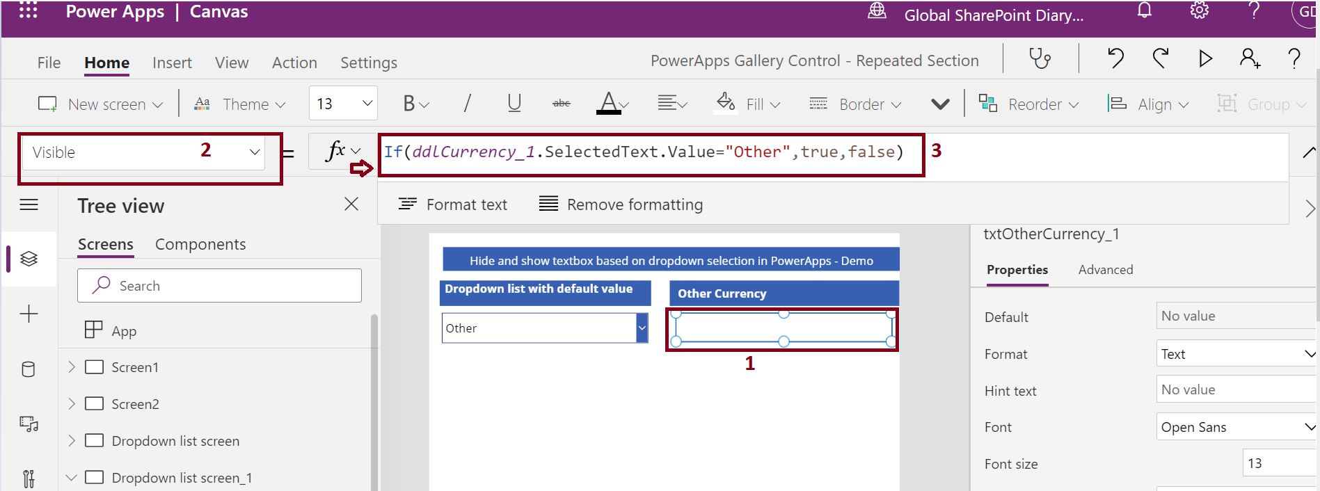 PowerApps hide show fields - Display textbox control based on the dropdown list selection in PowerApps