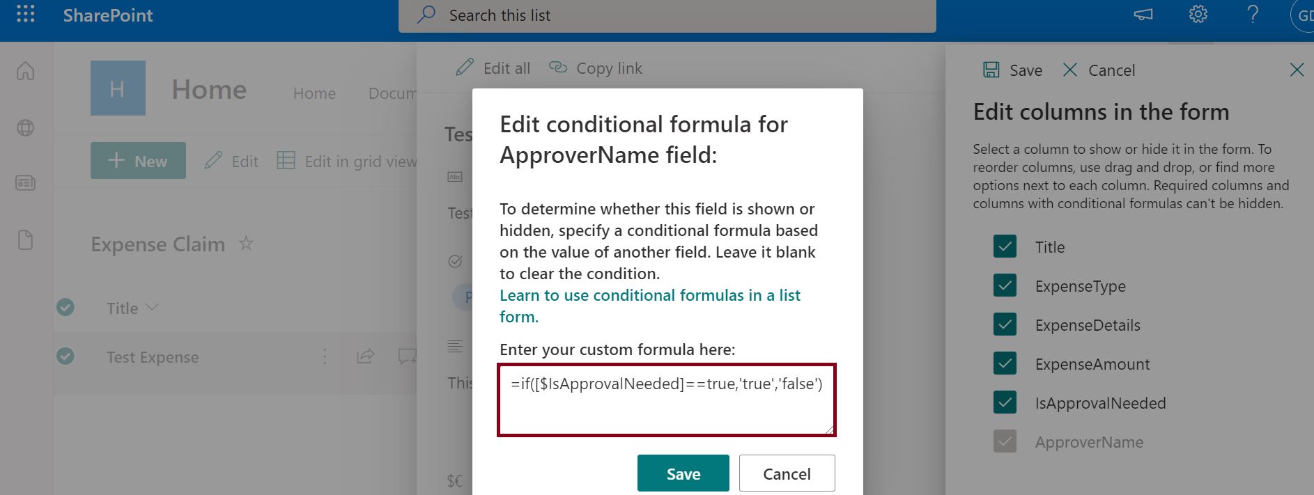 Conditionally show or hide columns in a SharePoint list, Edit conditional formula for SharePoint field