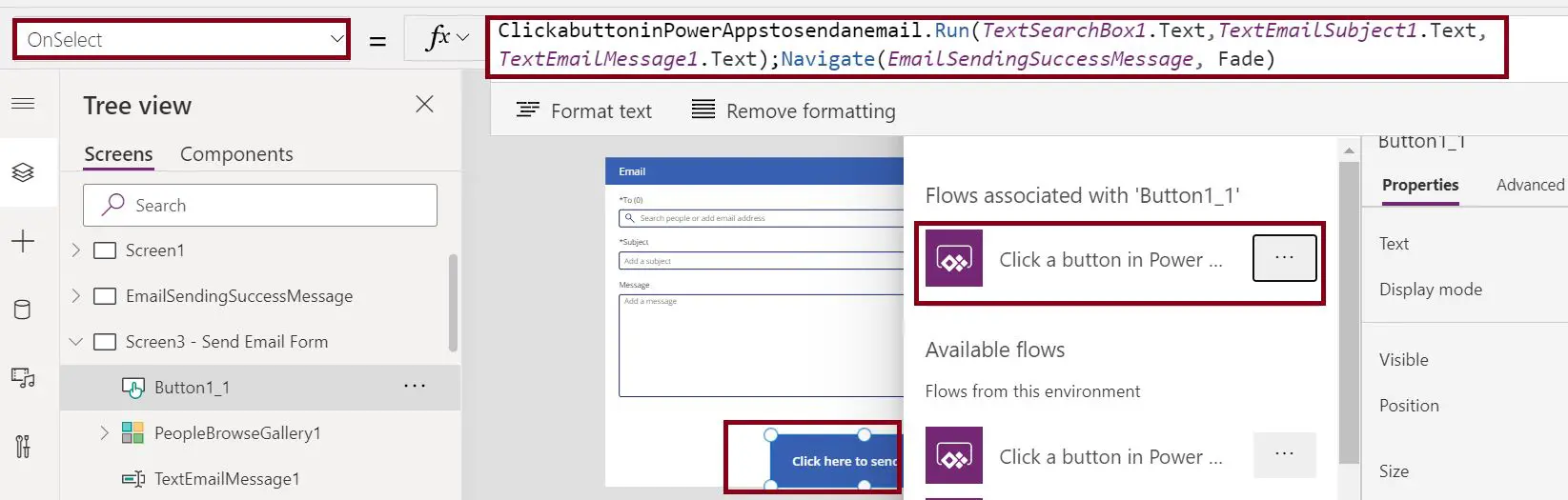 Flow associated with button in PowerApps to trigger the email event